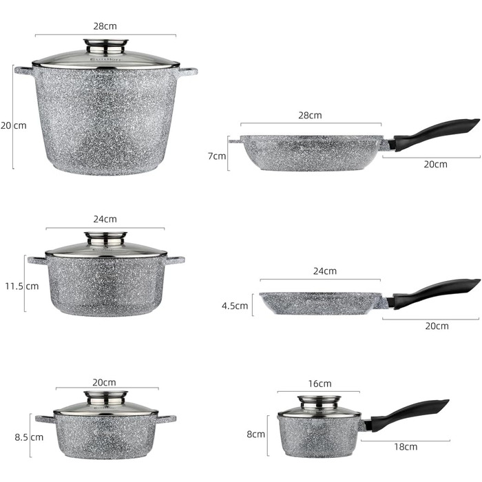Набір каструль та сковорідок EliteHoff 17 предметів з антипригарним покриттям, сумісний з усіма плитами, нержавіюча сталь, сірий (E-7027)