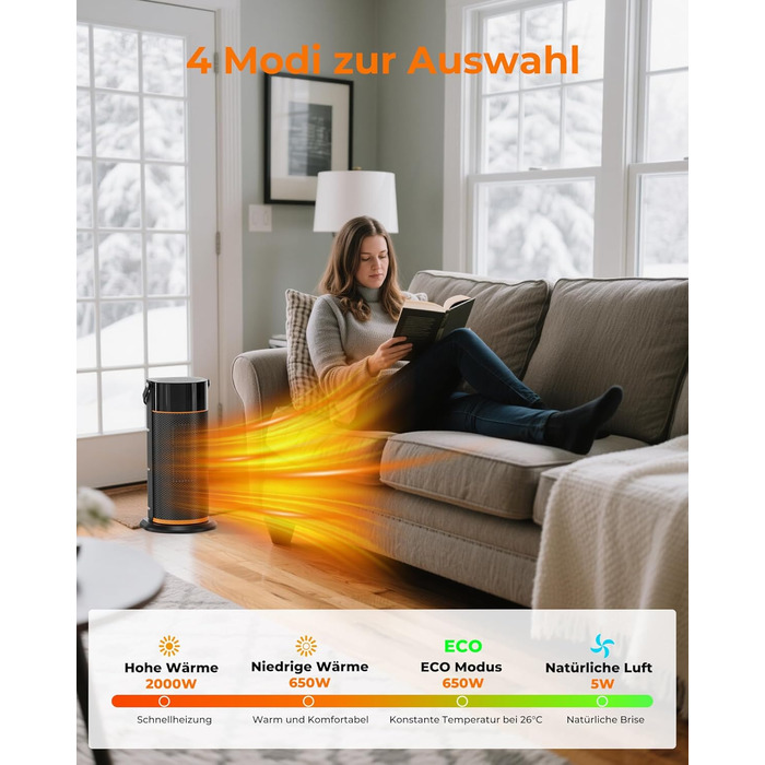 Електричний обігрівач 2000W з PTC-керамічним нагрівачем, тихий, з пульт дистанційного керування, таймером, поворотним механізмом 70° та LED-дисплеєм. Підходить для офісу, спальні, ванної кімнати, дому. Чорний, без полум'я.