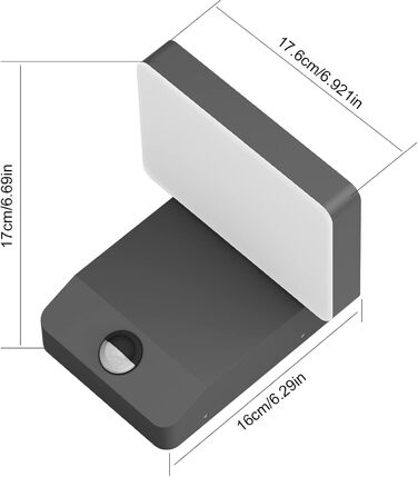 Зовнішнє LED-світильник K-Bright з датчиком руху, вологозахист IP65, для балкона/саду, квадратний, темно-сірий