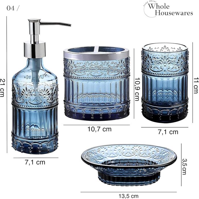 Набір аксесуарів для ванної кімнати 4 в 1 | Набір для ванної кімнати з мильничкою, поличкою, склянкою та тримачем для зубних щіток | Мозаїчне скло (блакитний)