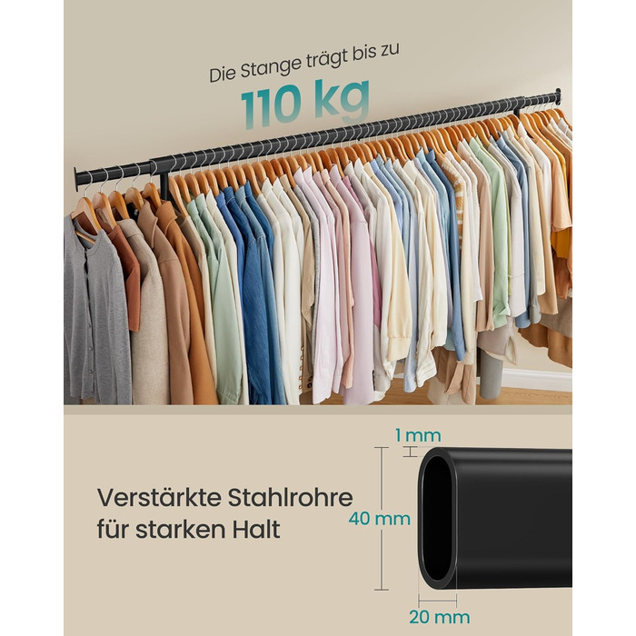 SONGMICS Clothes Rack with Wheels, Coat Rack, Heavy-Duty, Extendable Clothes Rod, Holds up to 110 kg, 45 x (160-200) x 162.9 cm, Metal, Chrome, HSR176E01 ((160-200)B cm, Matte Black)