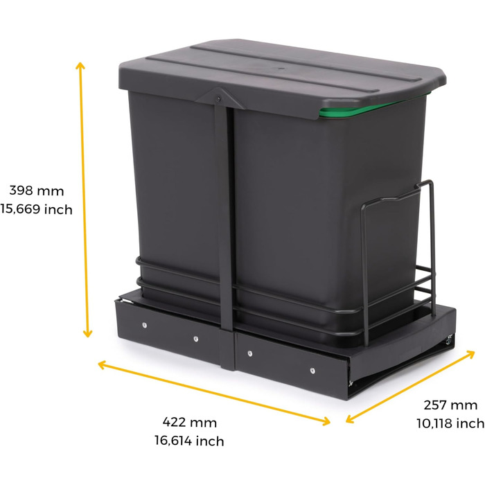 Відро для сміття Emuca кухонне з підскладною фіксацією, 2 висувні контейнери по 20 л, загальний об'єм 40 л (2 x 20 л), сталь та пластик, сірий колір.