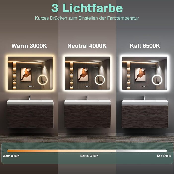 LED дзеркало для ванної кімнати 80x60 см з підсвічуванням, 3 кольори, регулювання яскравості, антизапарник, годинник, 3x збільшення