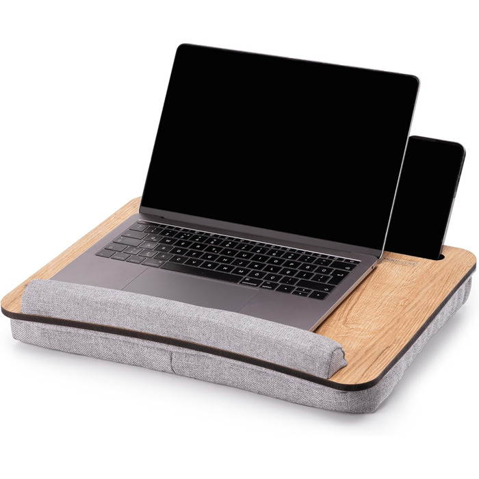 Підставка для ноутбука Vigo Wood з подушкою, портативна, дерев'яна, для дому та офісу, з м'якою підкладкою для зап'ястя, сумісна з ноутбуками та планшетами (волоський горіх, дуб & сірий)