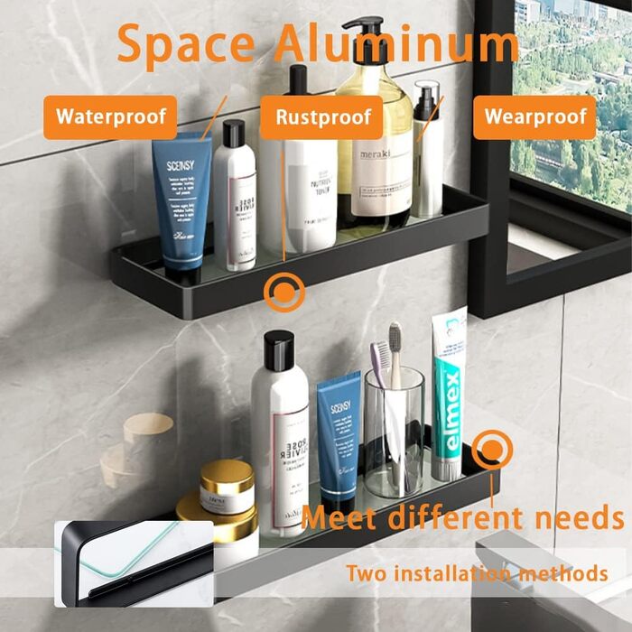 Biutimarden Shower Shelf No Drilling, Bathroom Shelf, Glass Shelf, Wall Mounting, Bathroom Shelf, Rectangular 8MM Tempered Glass, Self-Adhesive, Space Aluminum for Bathroom, Kitchen, Bathroom Accessories, 40CM Black