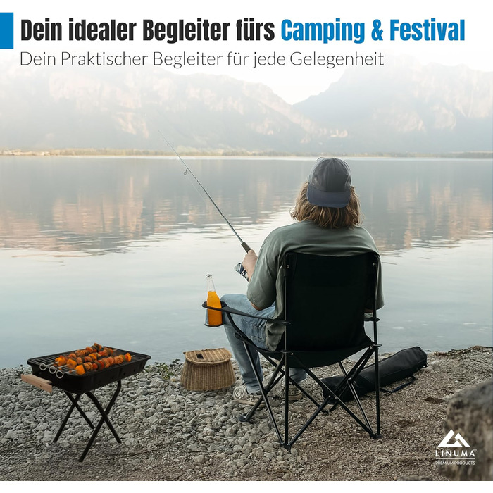 LINUMA® 2 шт. Складний стілець для риболовлі та кемпінгу - чорний, з підстаканником та сумкою для перенесення. Стілець для відпочинку, саду, риболовлі.