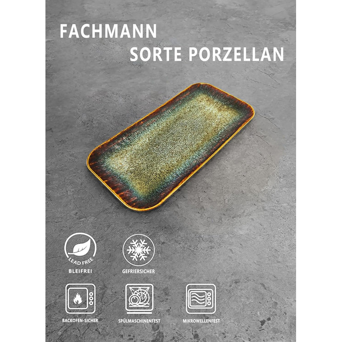 Набір тарілок Ya JU Keramik 4 шт. для основних страв, стеку, пасти, різотто, закусок. Підходять для мікрохвильової печі, духовки та мийки посуду. Колір: коричневий, прямокутна форма.
