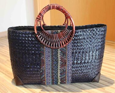 Rotfuchs Women's Bag Handbag Straw Bag Shopping Bag Beach Bag Handmade from Rattan Marine 50 cm