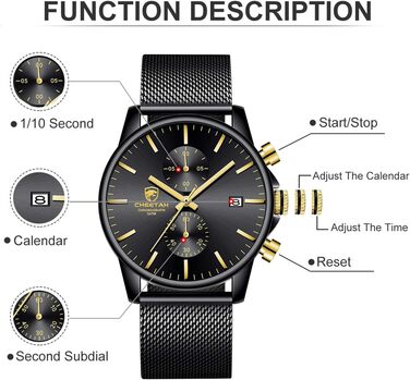 Чоловічий годинник на браслеті Mesh, кварцовий, з хронографом, водонепроникний, чорний, з автоматичною датою, нержавіюча сталь