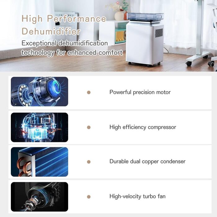 Електричний осушувач повітря 70л/день з авто-режимом та шлангом для підвалу, ванної кімнати, спальні до 150㎡. Осушувач з цифровим дисплеєм, захистом від плісняви, 360° колесами, тихий 40dB, білий (бежевий)