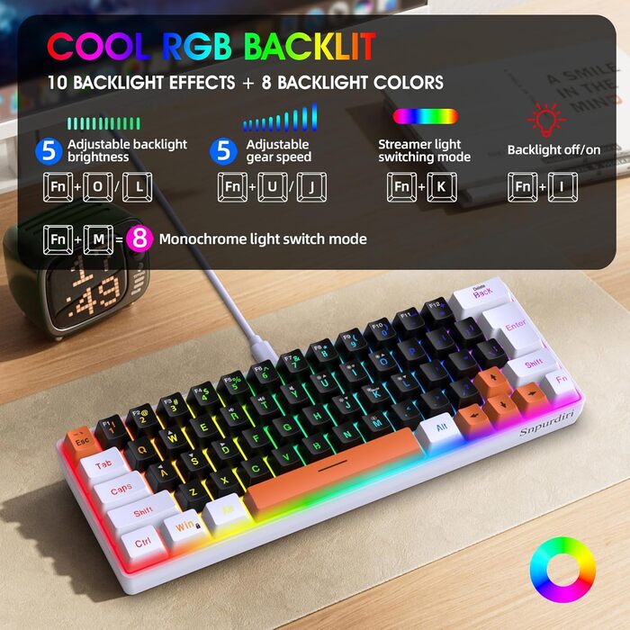 Ігрова клавіатура Snpurdiri з RGB підсвічуванням, механічне відчуття, компактна, офісна, біло-чорно-помаранчевий колір