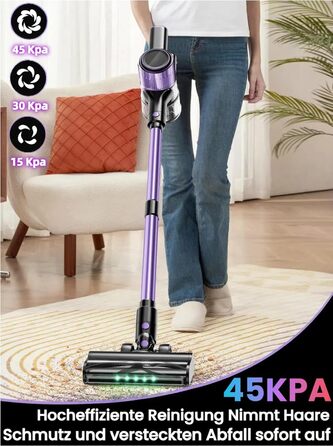 Бездротовий акумуляторний пилосос 45000 Па/500 Вт/45 хв з LED-дисплеєм та щіткою проти намотування, висувний шланг 73 см для твердих поверхонь, килимів, шерсті тварин, фіолетовий