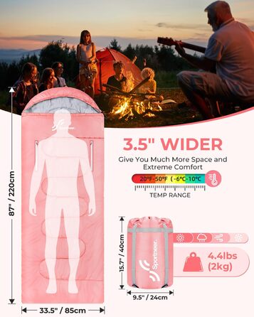 3-4 Season Sleeping Bag - Waterproof & Lightweight Sleeping Bag for Camping, Travel & Outdoor Activities - Adult Size (Pink)