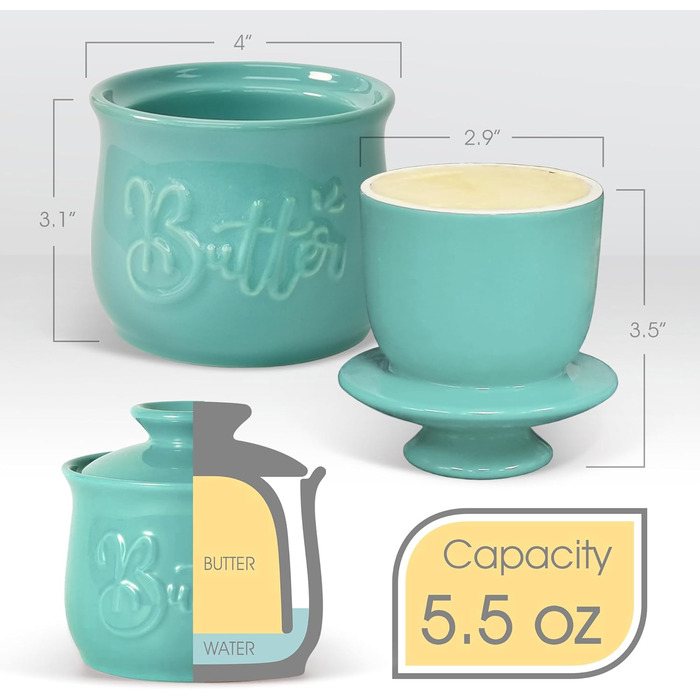 MAIA Buttertopf ceramic butter dish, 156 ml, with water and butter dispenser, holder for spreadable butter, French butter crock with lid, butter container for kitchen countertop, blue-green kitchen decoration