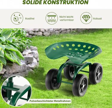 COSTWAY Rolling Seat with Wheels, 360° Swivel | Height Adjustable, Mobile Garden Seat Outdoor Garden Stool, up to 150 kg | Wide Tires, Garden Rolling Seat Metal, for Gardening & Car Care, Green