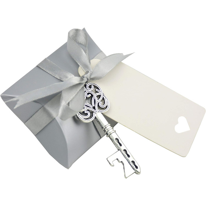 Makhry 50 Pcs Vintage Key Bottle Openers Wedding Key Skeleton Key Bottle Openers Wedding Favors Set with Pillow Boxes and Tag (Antique Silver)