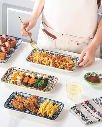 Сервіровочні тарілки HENXFEN з порцеляни, 10 дюймів, набір прямокутних тарілок для салату, закусок, сашимі, богемний квітковий дизайн у 6 яскравих кольорах