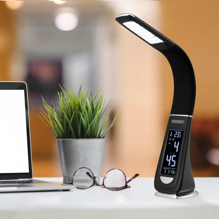LED лампа Monzana з годинником, будильником, термометром та календарем, регульована яскравість, настільна лампа для дому та офісу (білий/чорний)