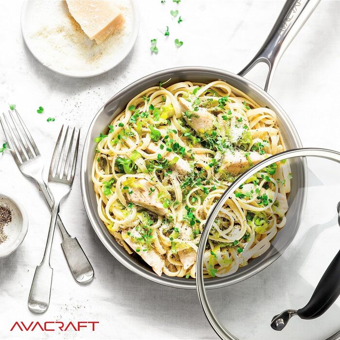 Сковорода AVACRAFT з нержавіючої сталі 18/10 Tri-Ply з кришкою, боковими виливами, зручною ручкою, сумісна з індукцією, 20 см