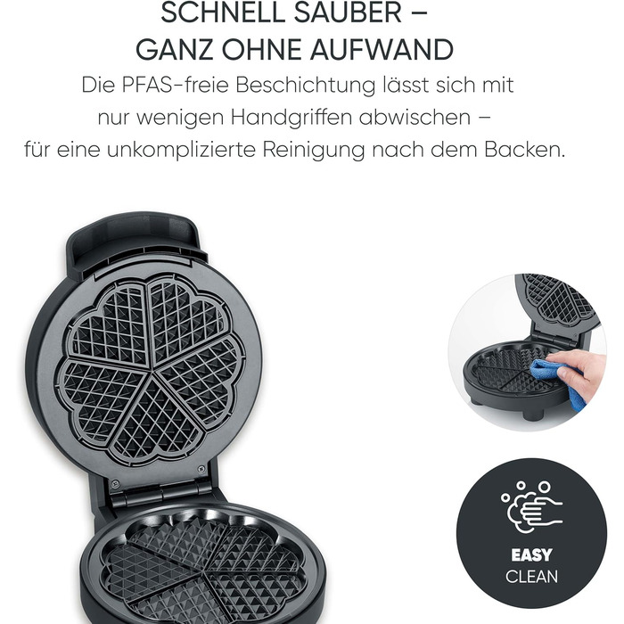 Severin Black Line Heart Waffle Maker - PFAS-Free Coating, Indicator Light, Cord Storage, 1000W - WA 2117