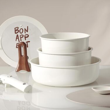 Набір посуду Carote 18 предметів: каструлі та сковороди з керамічним антипригарним покриттям, знімні ручки, індукція, кремово-білий