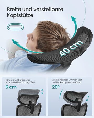 Офісний стілець SONGMICS ергономічний, комп'ютерний стілець, регульована поперекова та підголовна підтримка, до 150 кг, регульована висота, чорний OBN066BH01