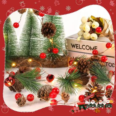 LED гірлянда на ялинку з шишками та червоними ягодами, 2м, 20 LED, тепле біле світло, режим блимання, для прикрашання дому та саду