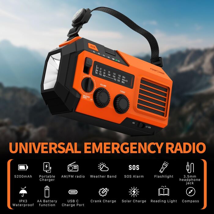 Радіоприймач FosPower NOAA/FM/AM з Power Bank 5200mAh, сонячною та ручною зарядкою, ліхтарик, SOS-сигнал - помаранчевий