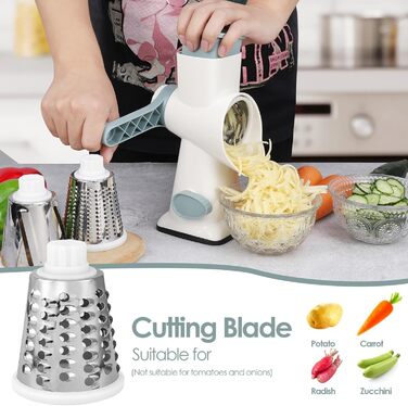 Ручна тертка для сиру та овочів Dreamhigh з ручкою, 3 змінні леза з нержавіючої сталі, для сиру, овочів, горіхів, моркви, огірків, білий колір