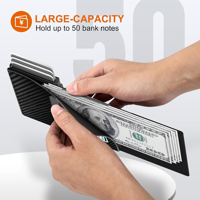 Чоловіче картхолдер/портмоне: Slim модель з відділом для монет, RFID захистом та віконцем для ID, Pop-Up, шкіряне, карбоновий дизайн (чорний)