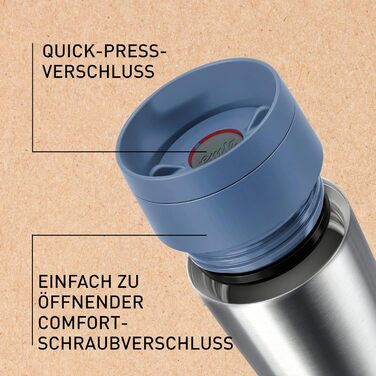 Термокружка Emsa N20202 Travel Mug Classic, 0.36 л, нержавіюча сталь, 4 години гаряча, 8 годин холодна, герметична, для миття в посудомийній машині, 360° отвір для пиття, синій