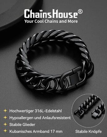 Чоловічий сталевий браслет-ланцюг Panzer від ChainsHouse, сріблястий/чорний/золотий, хіп-хоп стиль (Чорний, ширина 8 мм, довжина 19 см) з подарунковою коробкою
