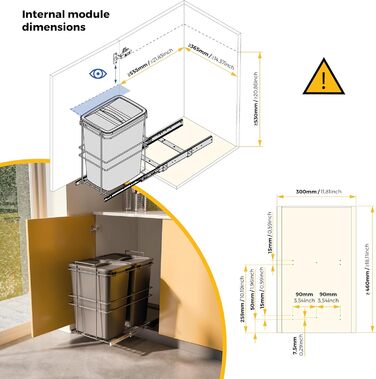 Відро для сміття кухонне Emuca з підвісною системою, 2 висувні контейнери по 20 л, загальний об'єм 40 л (2 x 20 л), сталь та пластик, сірий колір