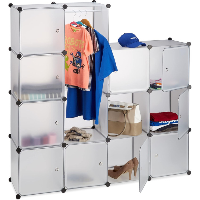 Relaxdays Closet System with 12 Compartments, Large Plastic Wardrobe, 145.5 x 145.5 cm, White (Transparent)