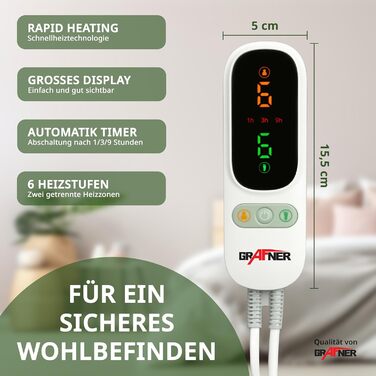 Електрична ковдра Grafner XL з двозонним підігрівом 190x90 см: тіло та ноги, LED пульт, 6 температур, захист від перегріву, автовимкнення, 78 Вт, пральна, 190x90