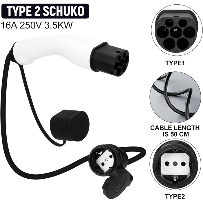Адаптер зарядного пристрою для електромобіля, тип 2, кабель Schuko 3.5kW 16A, 0.5м, 250V, водо- та пилонепроникний