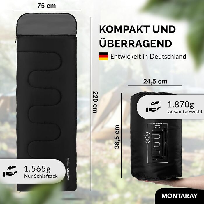 Montaray® Hooded Sleeping Bag -3°C - Outdoor Winter & Summer Sleeping Bag for Men & Women - 3-4 Season, 75x220cm, Hut Sleeping Bag, Black, 280GSM