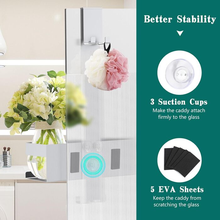 Emibele Shower Shelf for Hanging, Stainless Steel Shower Shelf No Drilling, Bathroom Shelf No Drilling with Hooks, Shampoo Lotion Holder, Shower Basket Towel Holder Wall Shelf for Glass Door Bathroom, Silver