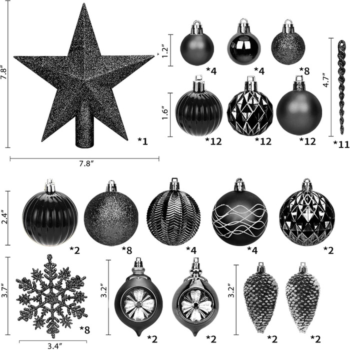 100 шт. прикраси на ялинку, чорні кулі для ялинки, набір прикрас з верхівкою для ялинки, шматостійкі прикраси для ялинки