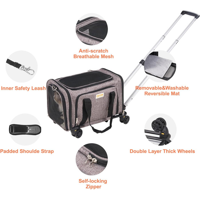 Тролей для собак VEVOR, складаний рюкзак для собак до 15,8 кг, переноска з оксфордської тканини 600D, 4 колеса, кишені для зберігання, ідеально для подорожей на авто та виїздів (сірий, 11 кг)