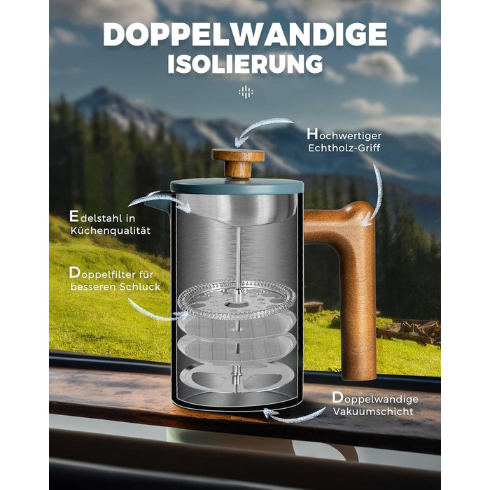 Poliviar French Press Coffee Maker 600 ml/21oz, Double-Walled Insulated Coffee Pot and Teapot, Manual Filter Coffee Press with Plunger & Wooden Handle, JX2024-SFPLN-DE 600ml Green - Cracked
