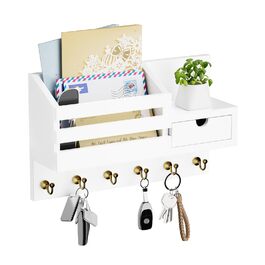 Настінна органайзер для ключів з 6 гачками та шухлядою, дерев'яна полиця для ключів, настінний тримач для ключів, для прихожей, вітальні, офісу (білий)