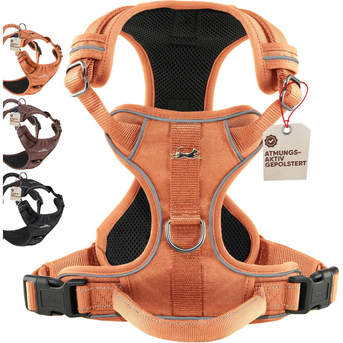 FREUDENTIER Dog Harness with Mesh Padding - Maximum Comfort, Bombproof Fit & Maximum Safety - Anti-Pull Front Ring - Chest Harness for Large, Medium and Small Dogs (Orange, XS)