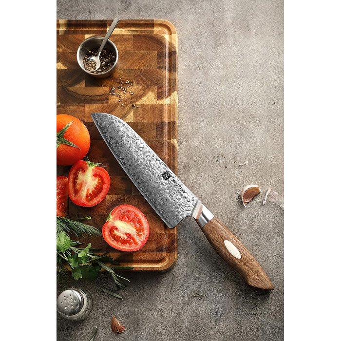 Японський кухонний ніж XINZUO Santoku з дамаської сталі (AUS-10) - професійний ніж шеф-кухаря з чорним дерев'яним руків'ям з горіха