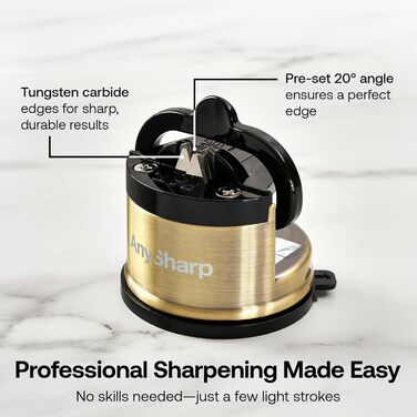 Точилка для ножів AnySharp Pro метал, безпечна, присоска PowerGrip, для всіх кухонних ножів, підходить для загартованої сталі та серрейторних лез, найкраща якість, латунь