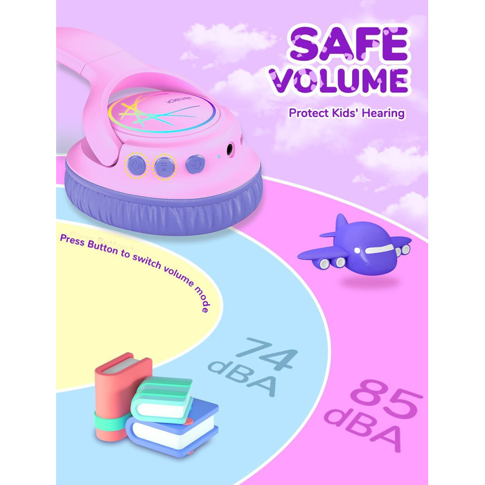 iClever Бездротові навушники для дітей з LED-підсвіткою, обмеження гучності 74/85 дБ, 43 години роботи, стереозвук, Type-C, AUX-кабель, Bluetooth 5.3, для планшетів/подорожей, рожево-фіолетові