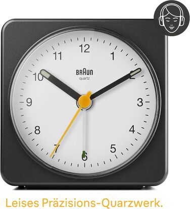 Braun Classic Analog Alarm Clock with Snooze Function and Light, Silent Quartz Movement, Crescendo Alarm, Black and White Model BC03BW.