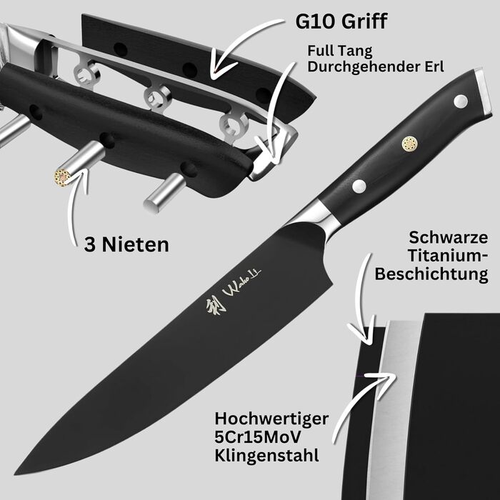 Wakoli Кухонний ніж з титанового покриття Noir - 17 см, з нержавіючої сталі, G10 ручка. Ніж для приготування їжі, овочів, фруктів, зелені, хліба. У подарунковій коробці.