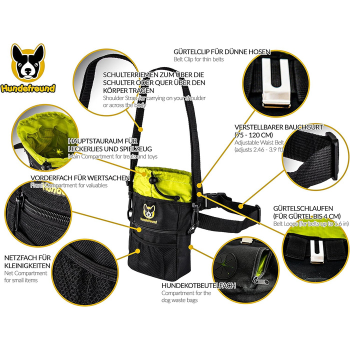 Сумка для корму для собак великих порід, 4 в 1 | Для тренувань, з бананкою, кліпсою, лямками | 4 відділення для ласощів (19x14x7 см)