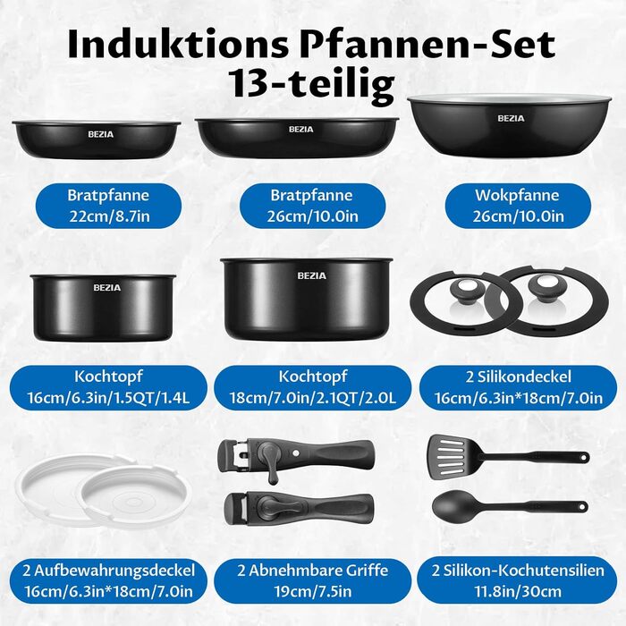 BEZIA 13-Piece Ceramic Nonstick Cookware Set - Induction Compatible Pots and Pans for All Cooktops, Stackable, Dishwasher & Oven Safe